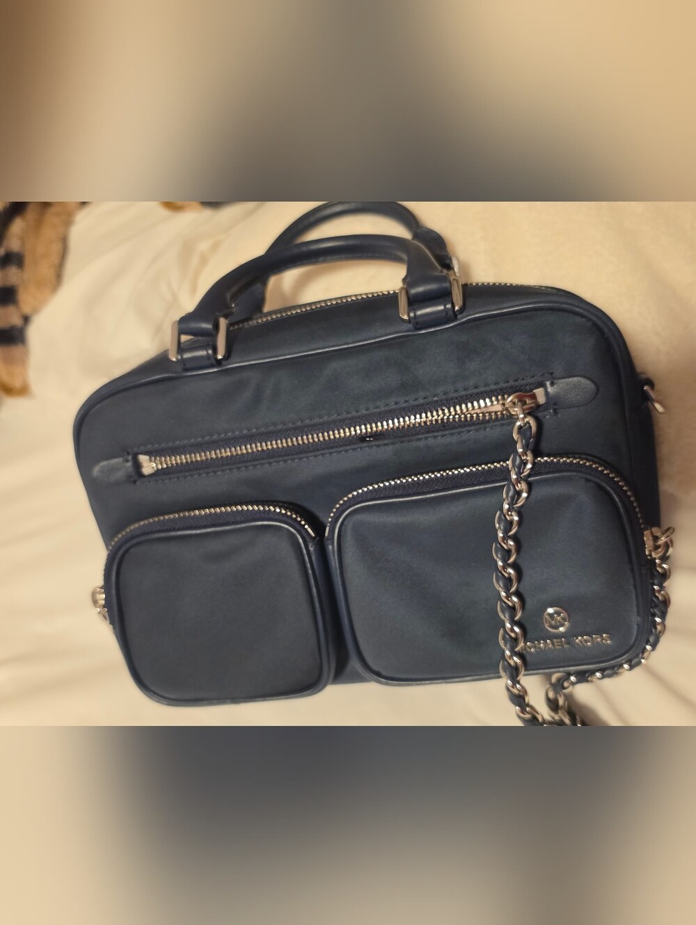 Michael Kors Elliot Medium Camera Crossbody Bag Navy Blue Silver Color Hardware